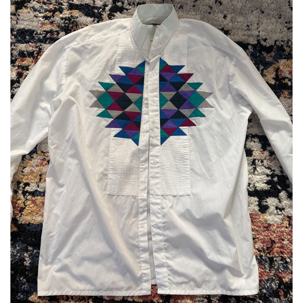 Perruzo Uomo Vintage White Geometric Embroidered Band Collar Shirt L 16-16.5